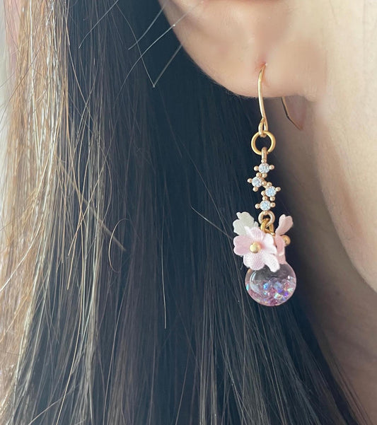 三色漸層布藝櫻花閃石水晶球耳環 可換耳夾