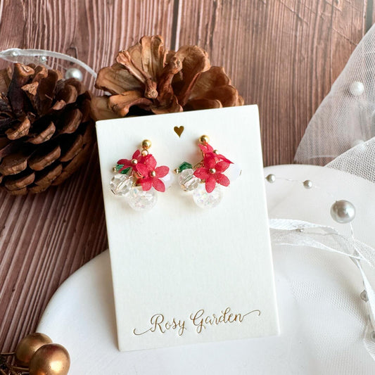Red Poinsettia Crystal Ball Earrings (Clip-on available) | Hong Kong Handmade