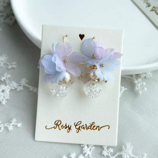 香港手作耳環 - 雪紡繡球花水晶球耳環 紫藍色 (Handmade Earrings)