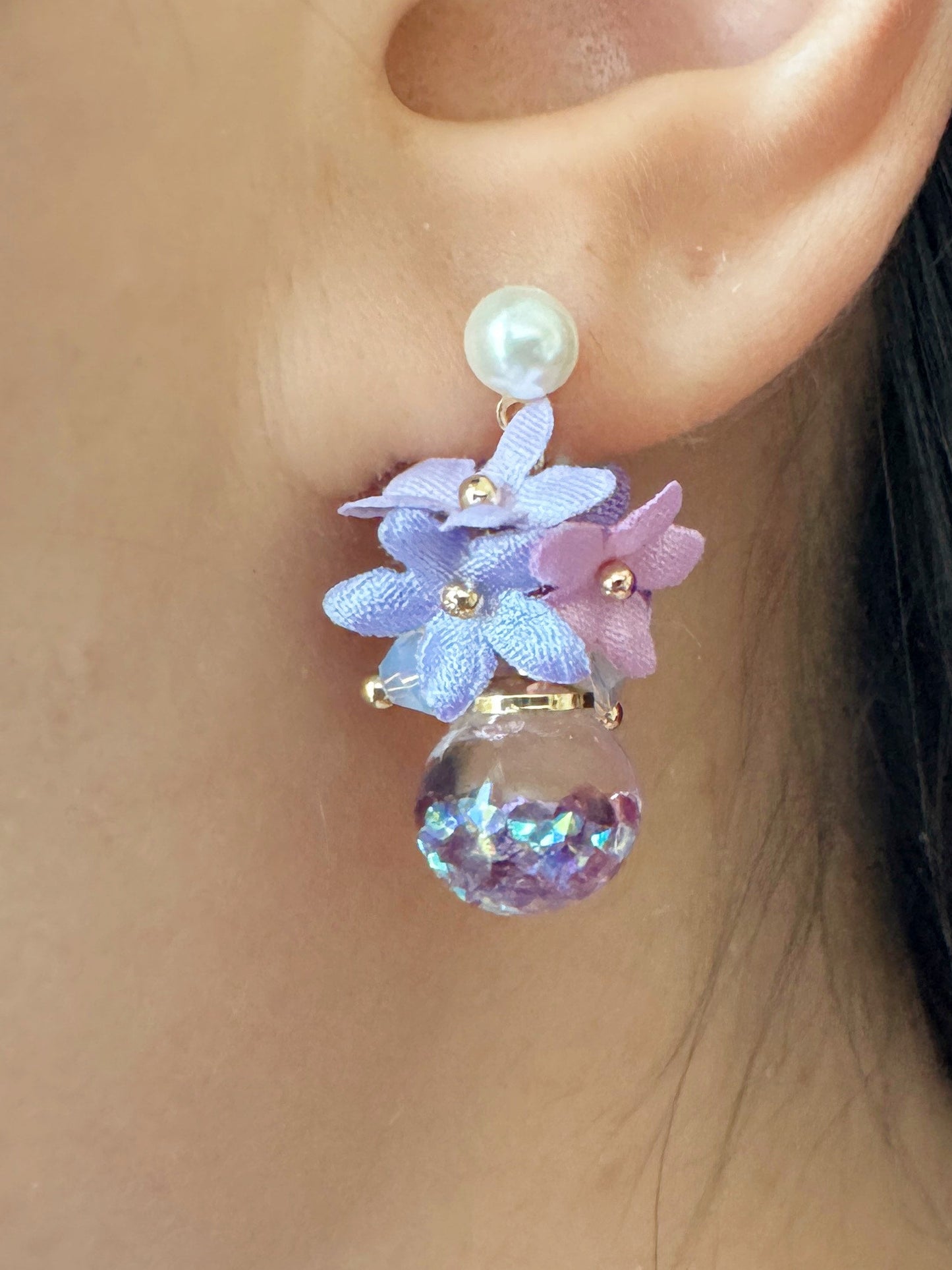 五瓣尖角花花水晶球耳環 可換耳夾