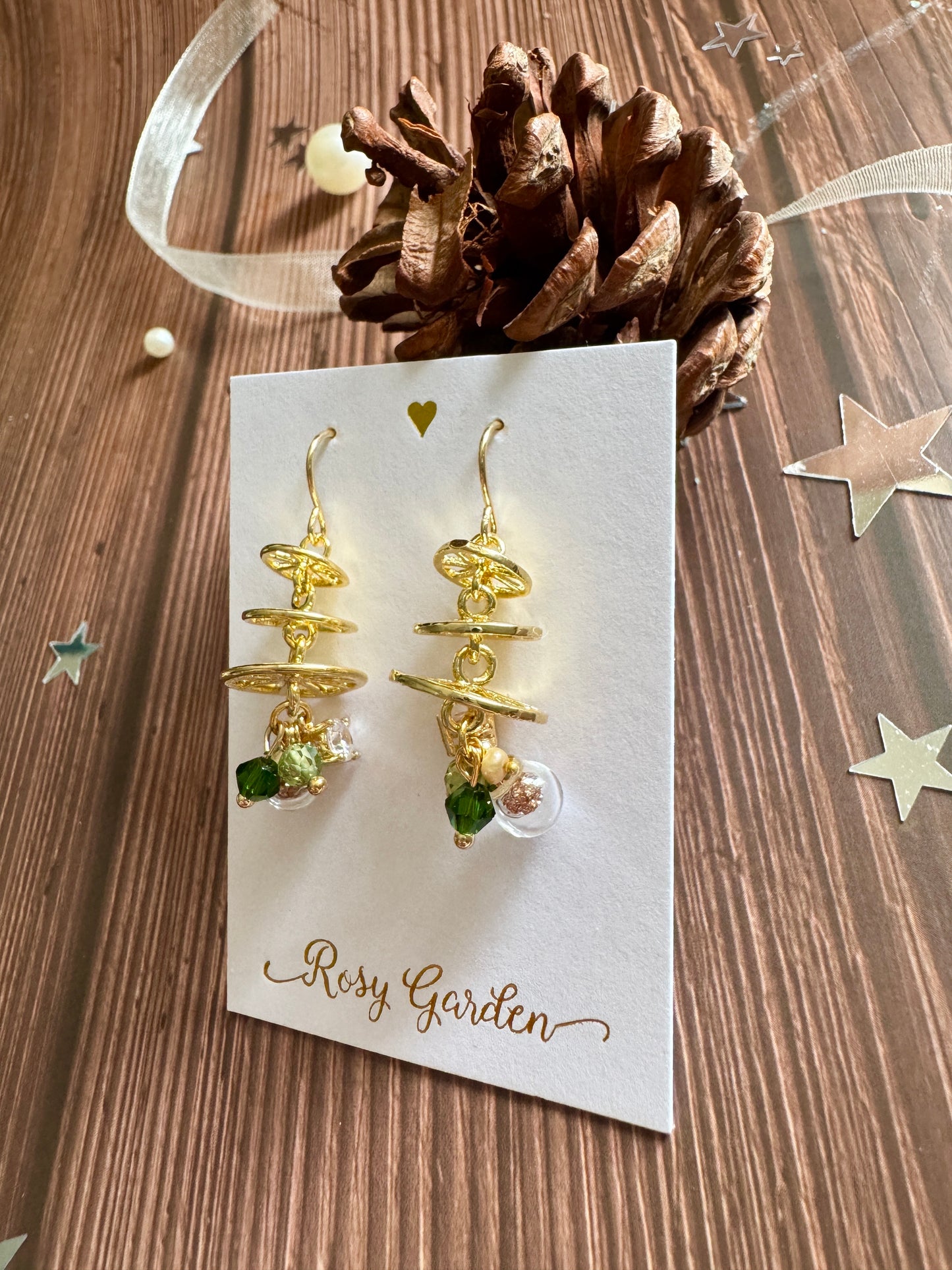 荷葉聖誕樹水晶球耳環 可換耳夾