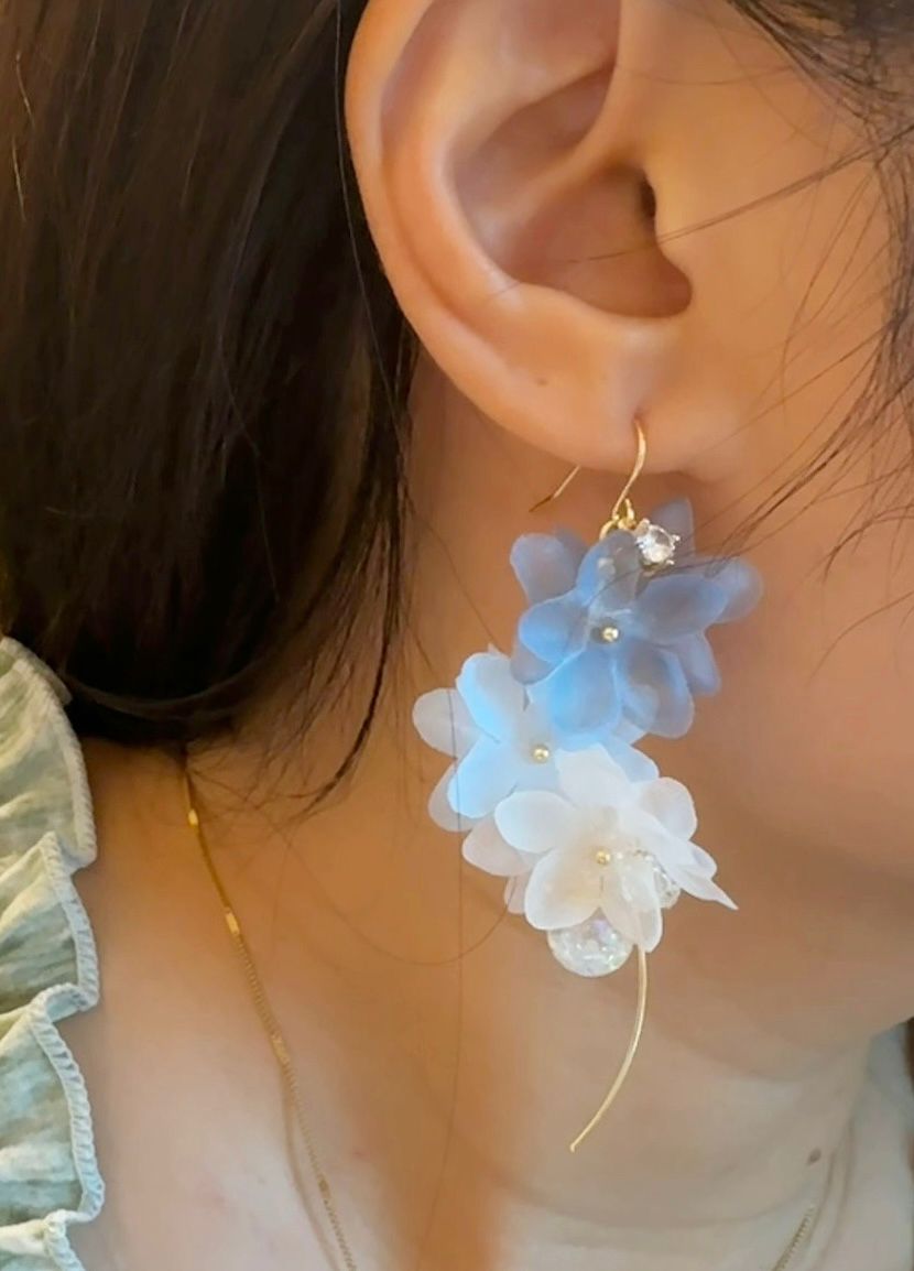 雪紡蘋果花水晶球耳環 可換耳夾【流線款】