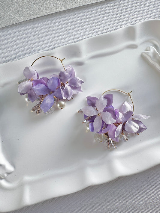 香港手作耳環 - 緞面繡球花水晶球花環耳環 紫色 (Handmade Earrings)