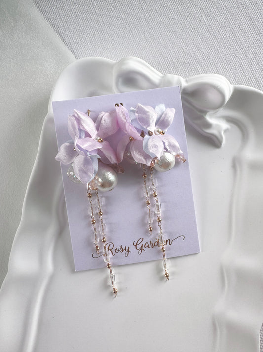 香港手作耳環 - 緞面繡球花晶串水晶球耳環 幻彩色 (Handmade Earrings)
