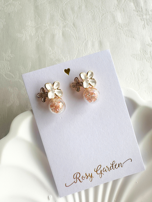 香港手作耳環 - 小繡球花耳環水晶球耳環 香檳金色 (Handmade Earrings)