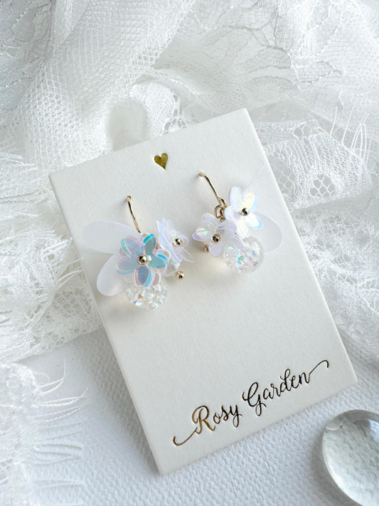 瑩蝶花綺 蝶翼幻彩白色水晶球耳環 可換耳夾