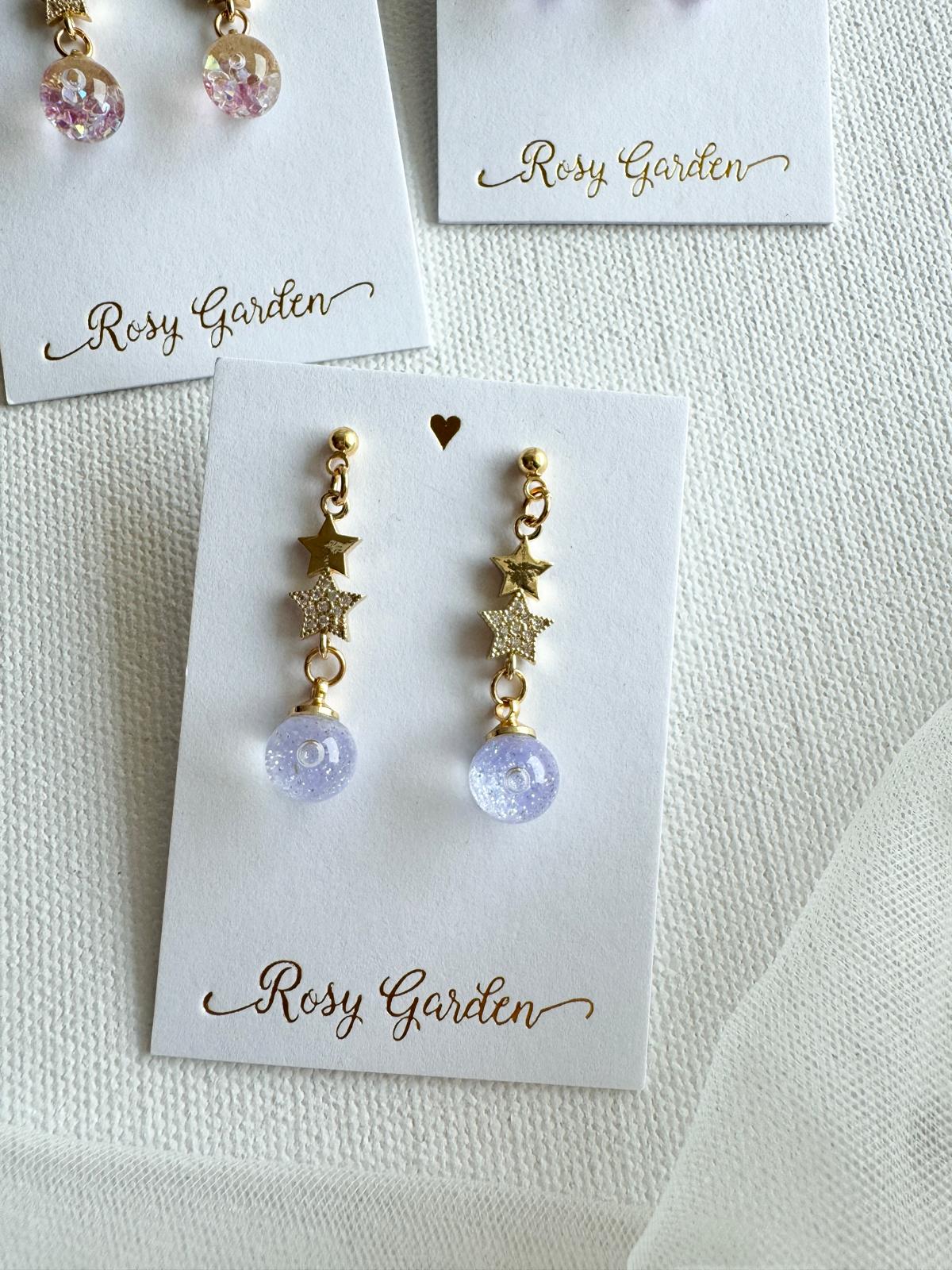 雙連星星流沙水晶球耳環 可換耳夾 | 香港手作