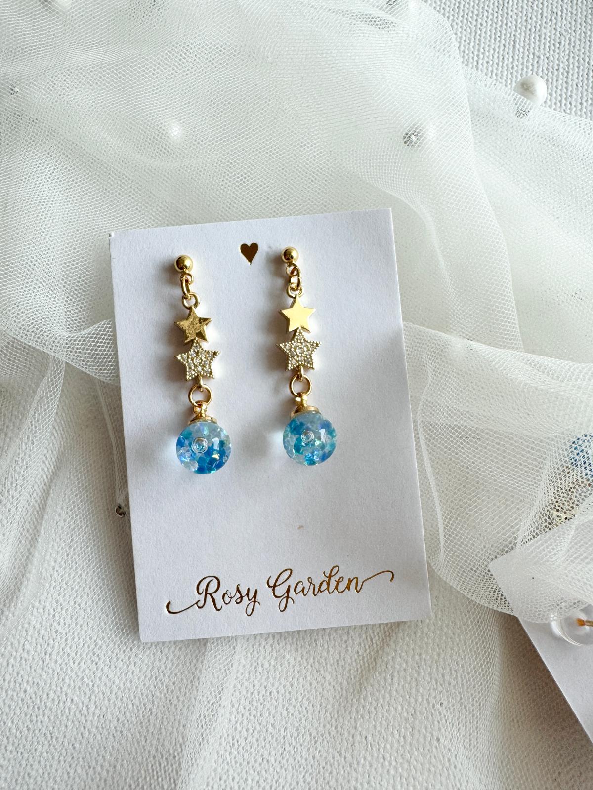 Double-Connected Star Floating Sand Crystal Orb Earrings (Clip-ons Available) | Handcrafted in Hong Kong