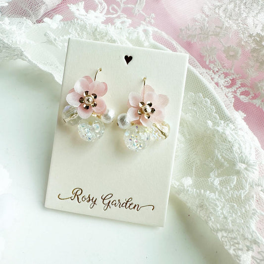 粉紅色雪紡重瓣櫻花水晶球耳環 可換耳夾