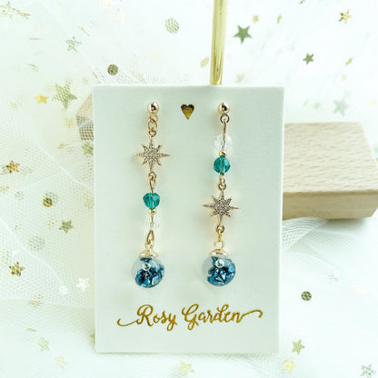 湖水藍色十字星水晶球耳環 可換耳夾