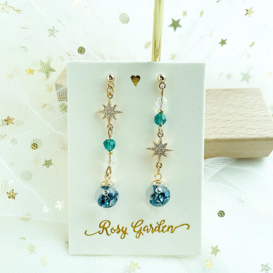 湖水藍色十字星水晶球耳環 可換耳夾