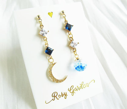 菱形寶石月亮不對稱流沙水晶球耳環 可換耳夾