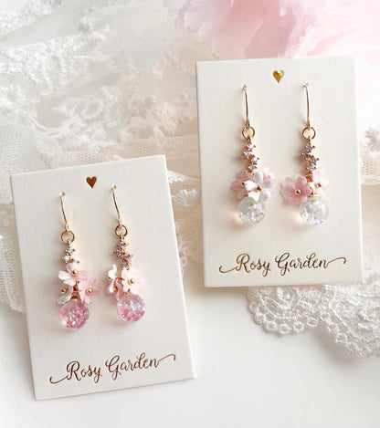 三色漸層布藝櫻花閃石水晶球耳環 可換耳夾