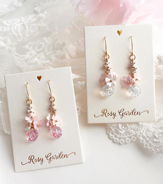 三色漸層布藝櫻花閃石水晶球耳環 可換耳夾