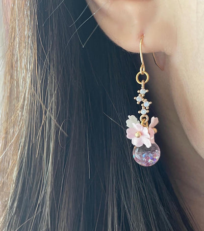 三色漸層布藝櫻花閃石水晶球耳環 可換耳夾