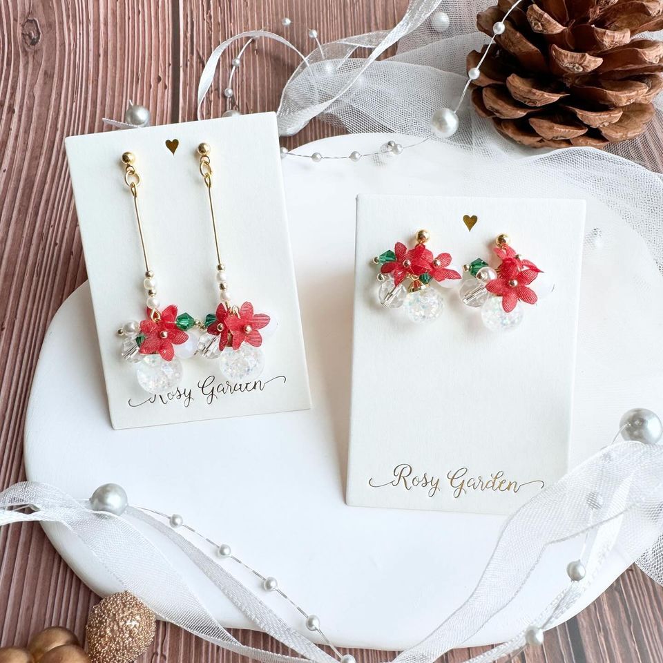 Red Poinsettia Crystal Ball Earrings (Clip-on available) | Hong Kong Handmade