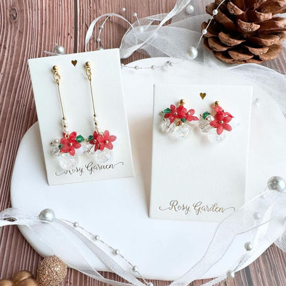 Red Poinsettia Crystal Ball Earrings (Clip-on available) | Hong Kong Handmade