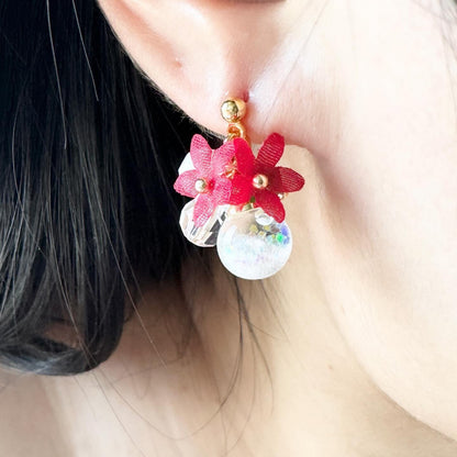 Red Poinsettia Crystal Ball Earrings (Clip-on available) | Hong Kong Handmade