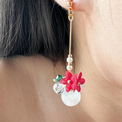Red Poinsettia Crystal Ball Earrings (Clip-on available) | Hong Kong Handmade