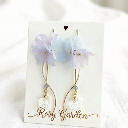 夢幻雪紗繡球花水晶球耳環 可換耳夾【流線款】 | 香港手作