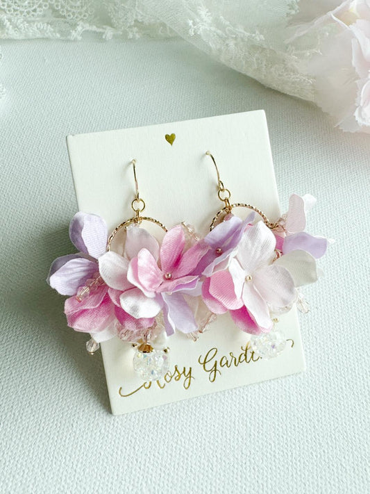 油畫風繡球花水晶球耳環 可換耳夾【閃石花環款】