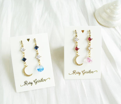 菱形寶石月亮不對稱流沙水晶球耳環 可換耳夾