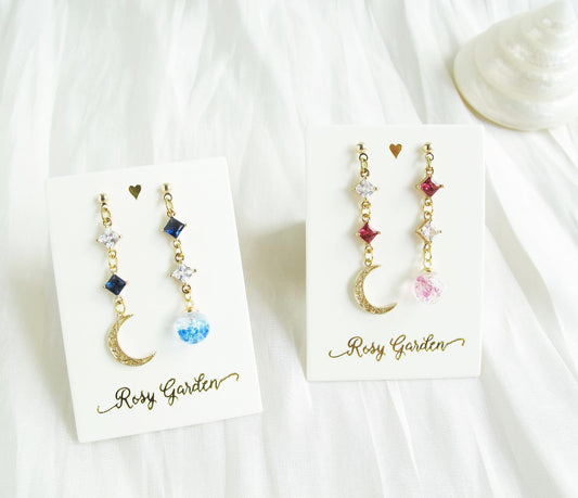 菱形寶石月亮不對稱流沙水晶球耳環 可換耳夾