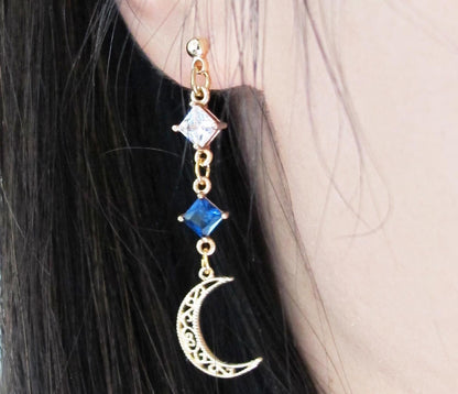 菱形寶石月亮不對稱流沙水晶球耳環 可換耳夾