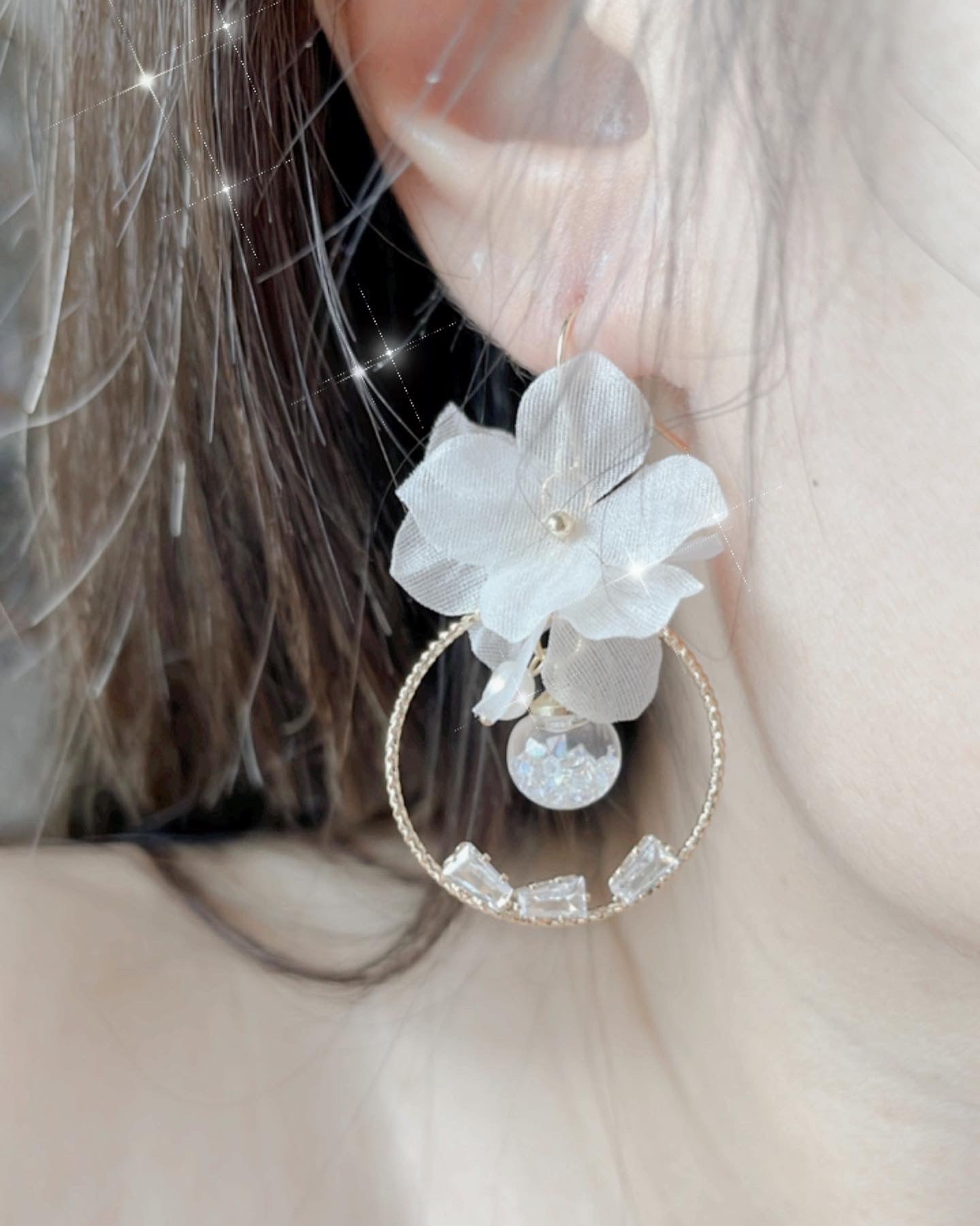 夢幻雪紡繡球花水晶球耳環 可換耳夾【閃閃鋯石款】