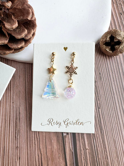 白色琉璃聖誕樹水晶球耳環