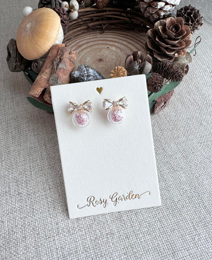 粉紅色鋯石蝴蝶結水晶球耳環 