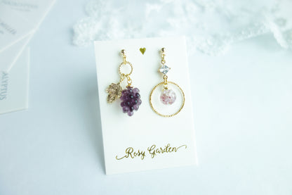 葡萄流沙水晶球耳環 可換耳夾