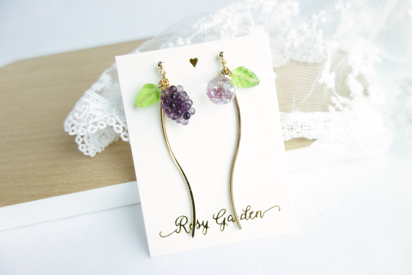 葡萄流沙水晶球長款耳環 可換耳夾