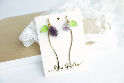 葡萄流沙水晶球長款耳環 可換耳夾