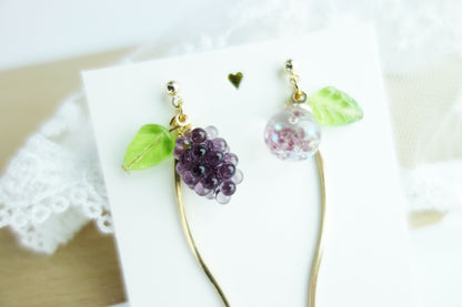 葡萄流沙水晶球長款耳環 可換耳夾