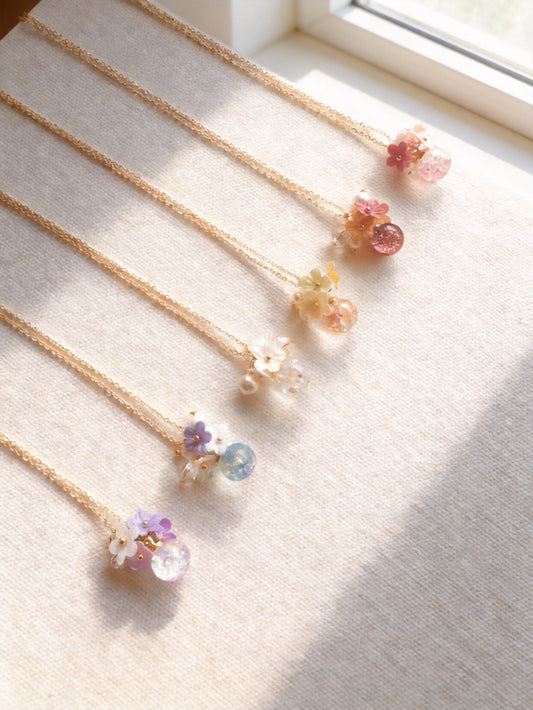 彩色絹布花花流沙水晶球頸鍊