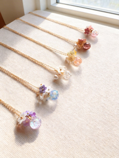 絹布花花流沙水晶球頸鍊