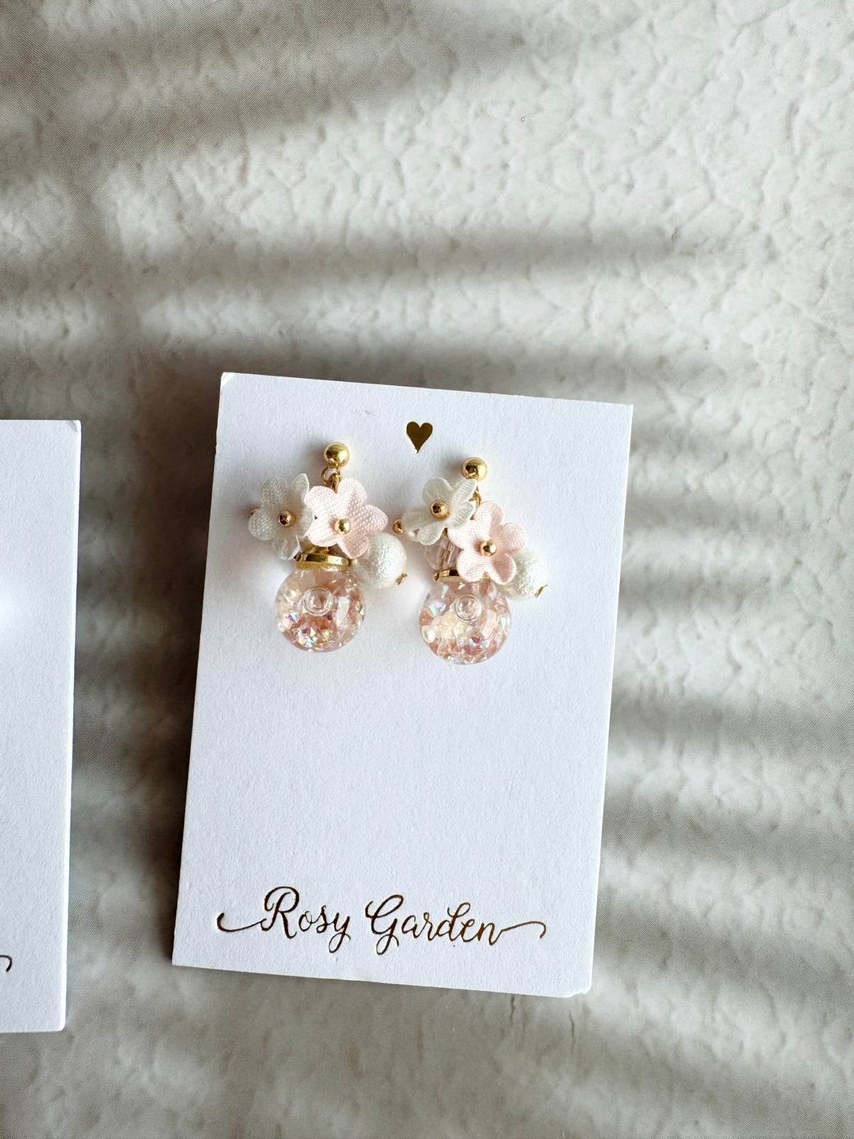 絹布花花流沙水晶球耳環 可換耳夾