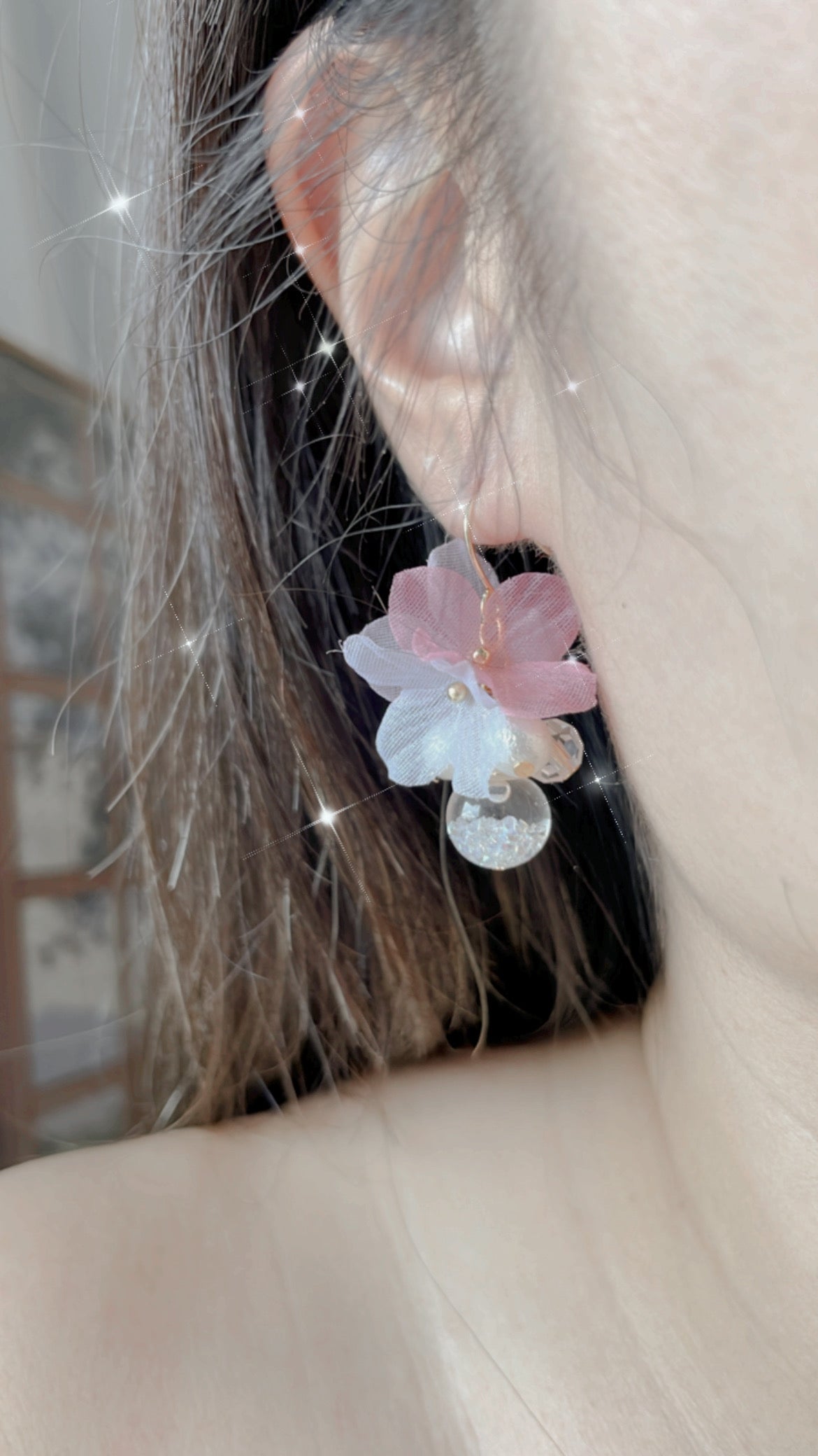 夢幻雪紡繡球花水晶球耳環 簡約款