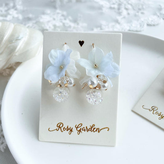 香港手作耳環 - 雪紡繡球花水晶球耳環 藍色 (Handmade Earrings HK)