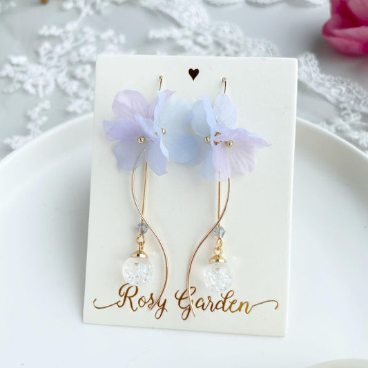 香港手作耳環 - 雪紡繡球花水晶球耳環 流線款 紫藍色 (Handmade Earrings HK)