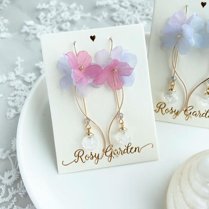 香港手作耳環 - 雪紡繡球花水晶球耳環 流線款 紅霞色 (Handmade Earrings HK)