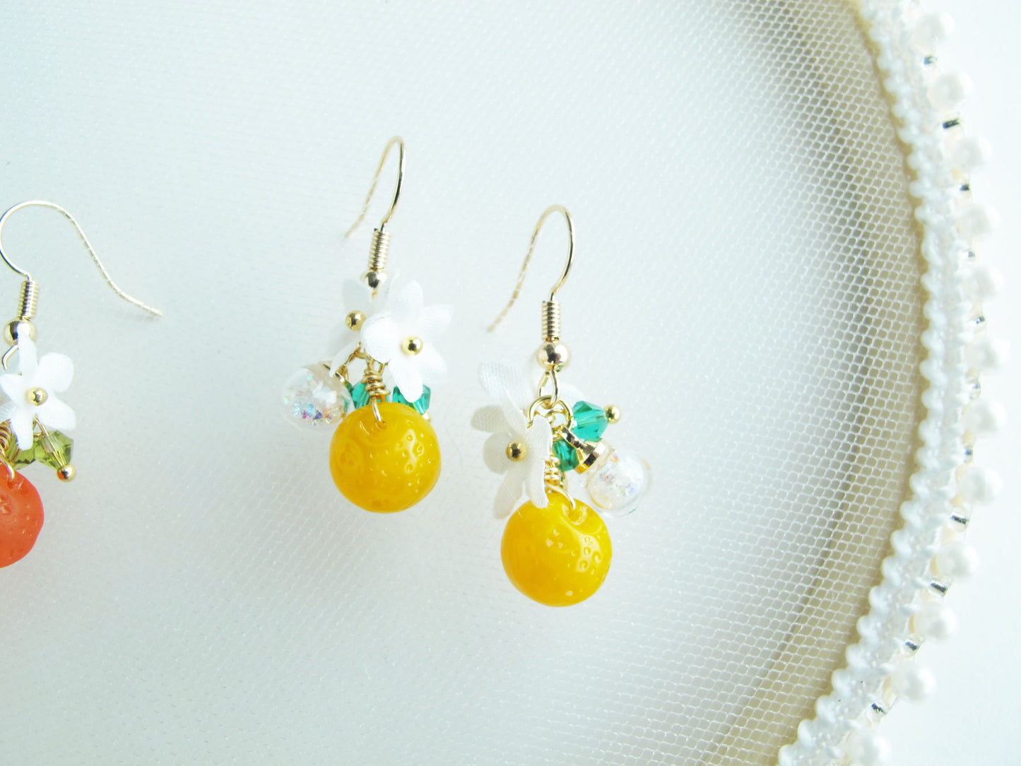 甜橙捷克珠水晶球耳環 可換夾式