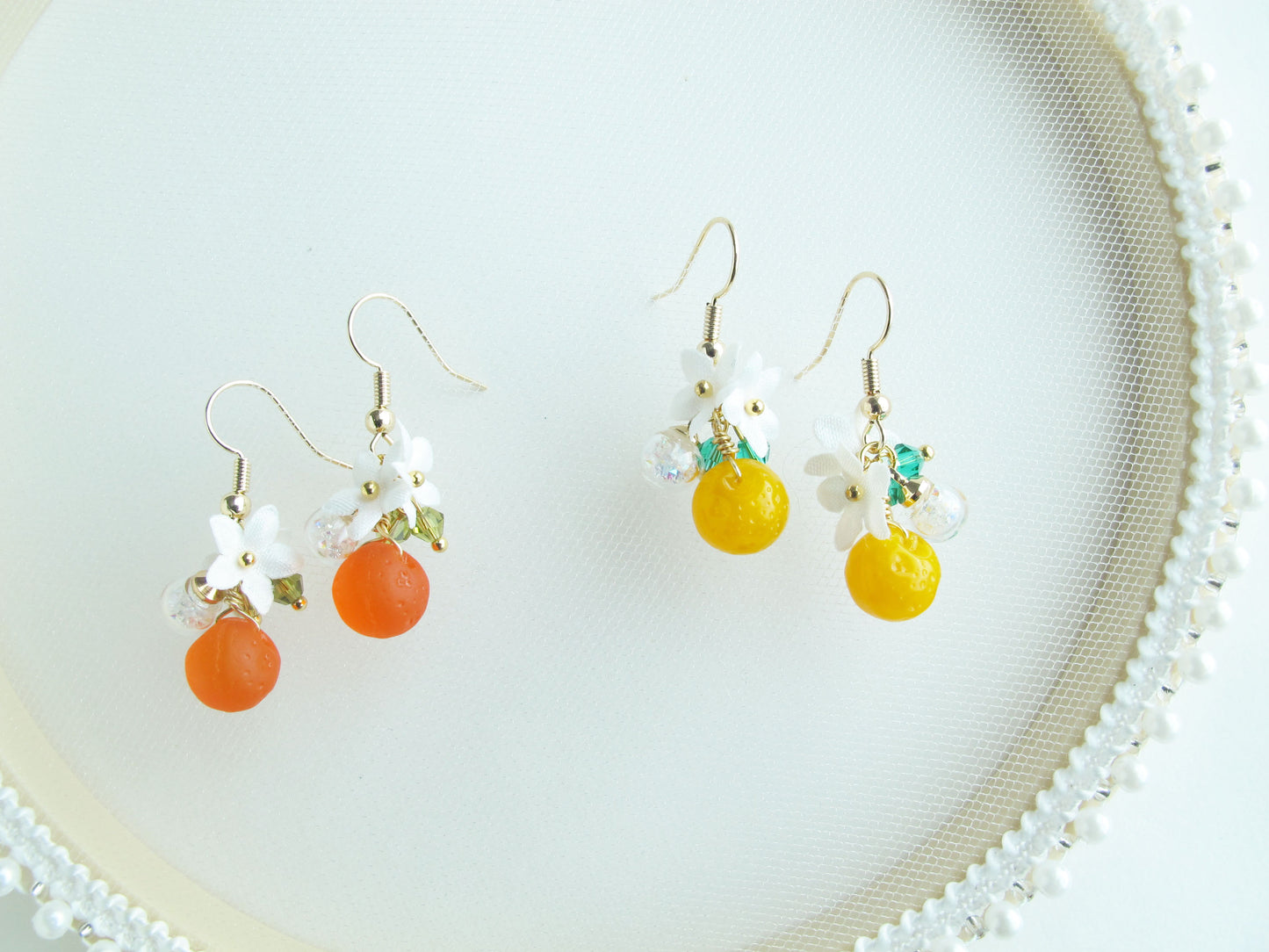 甜橙捷克珠水晶球耳環 可換夾式