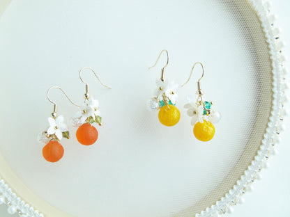 甜橙捷克珠水晶球耳環 可換夾式