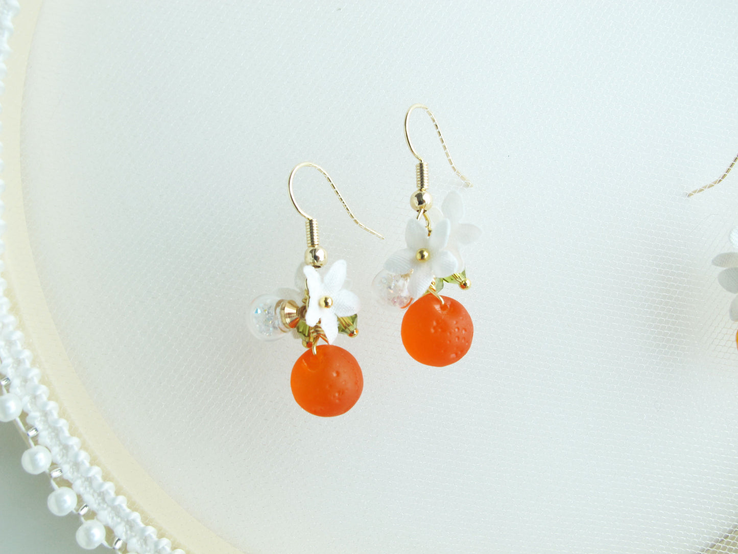 甜橙捷克珠水晶球耳環 可換夾式