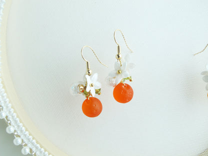 甜橙捷克珠水晶球耳環 可換夾式