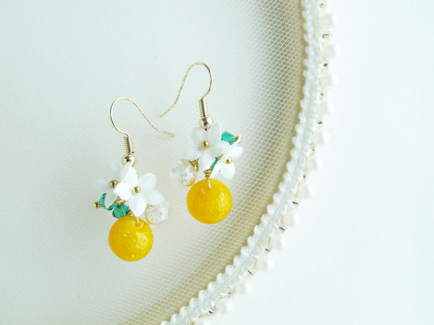 甜橙捷克珠水晶球耳環 可換夾式