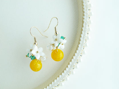 甜橙捷克珠水晶球耳環 可換夾式