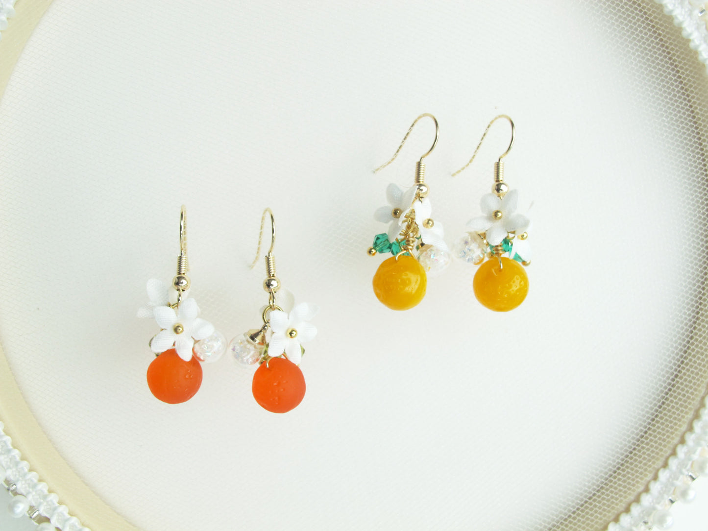 甜橙捷克珠水晶球耳環 可換夾式
